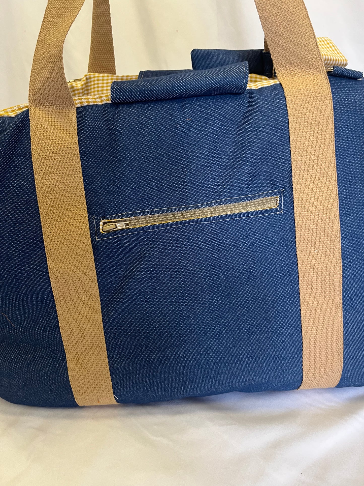 Borsa Trasportino Jeans Blu e Vichy Senape – Taglia M