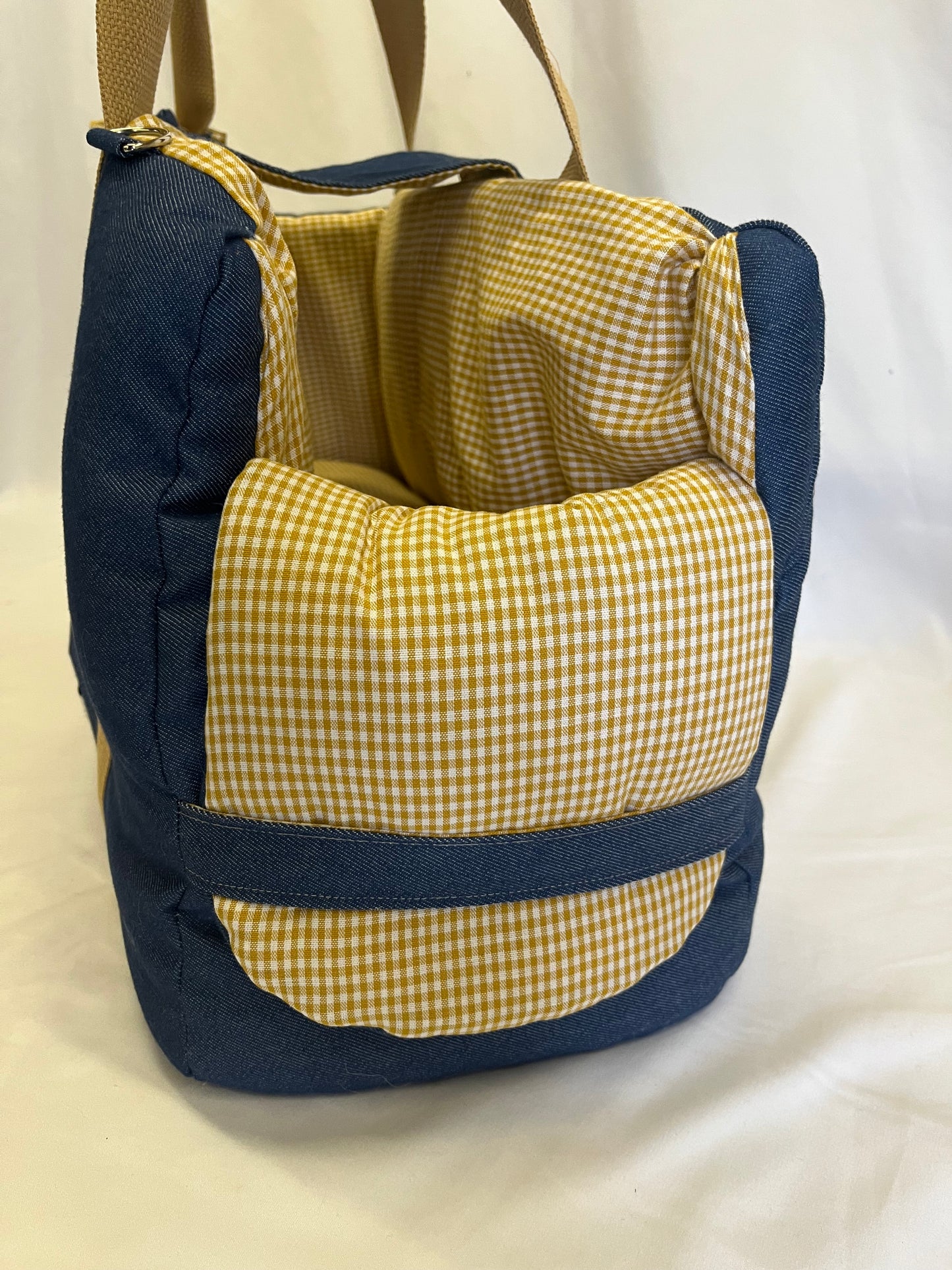 Borsa Trasportino Jeans Blu e Vichy Senape – Taglia M