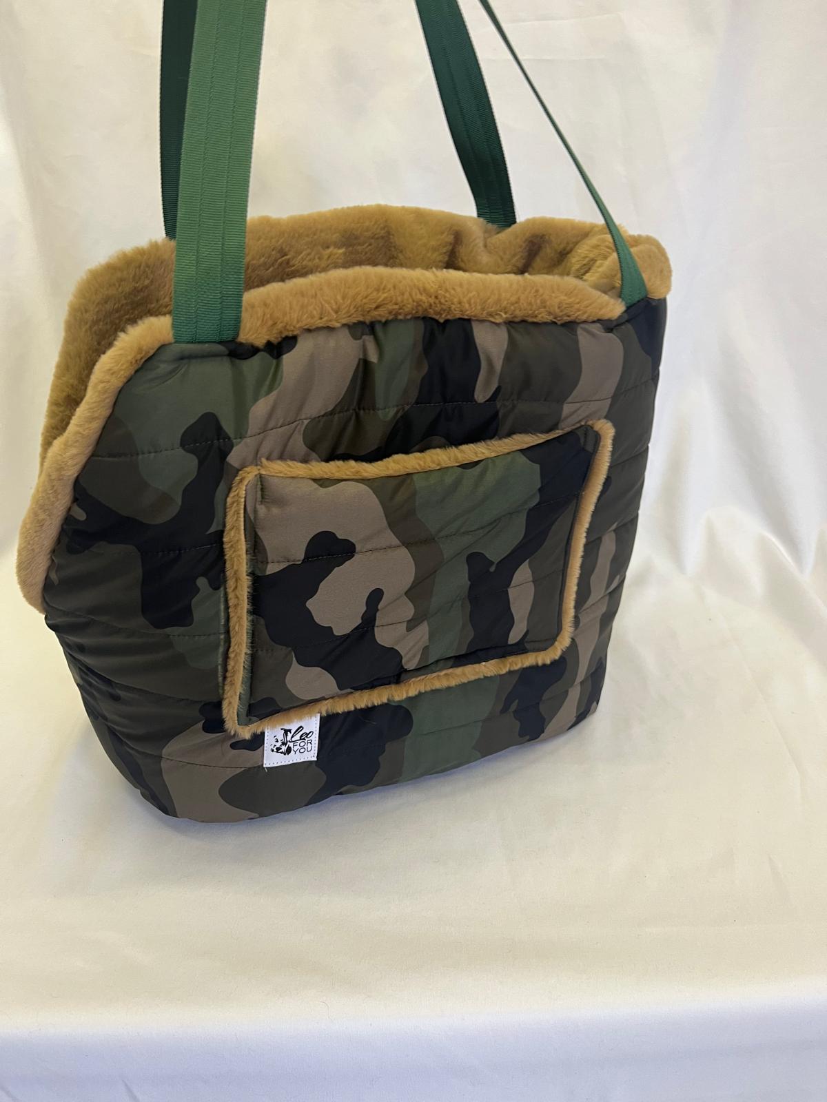 Borsa Trasportino Modello Secchiello Trapuntato Mimetico con Interno in Ecopelliccia Cammello